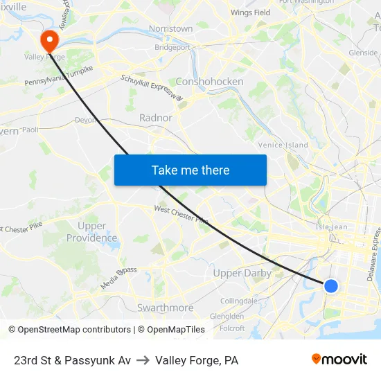 23rd St & Passyunk Av to Valley Forge, PA map