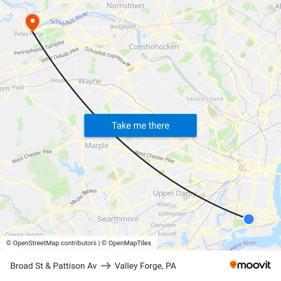 Broad St & Pattison Av to Valley Forge, PA map