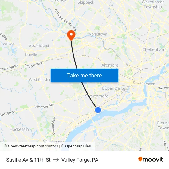 Saville Av & 11th St to Valley Forge, PA map