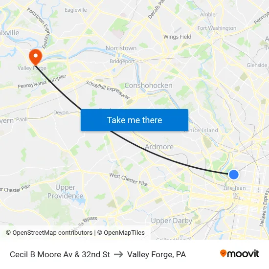 Cecil B Moore Av & 32nd St to Valley Forge, PA map