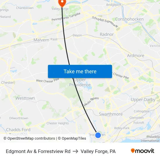 Edgmont Av & Forrestview Rd to Valley Forge, PA map