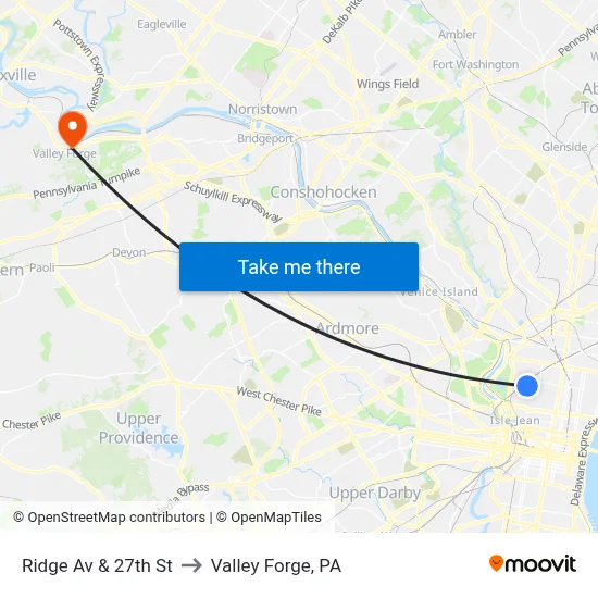 Ridge Av & 27th St to Valley Forge, PA map