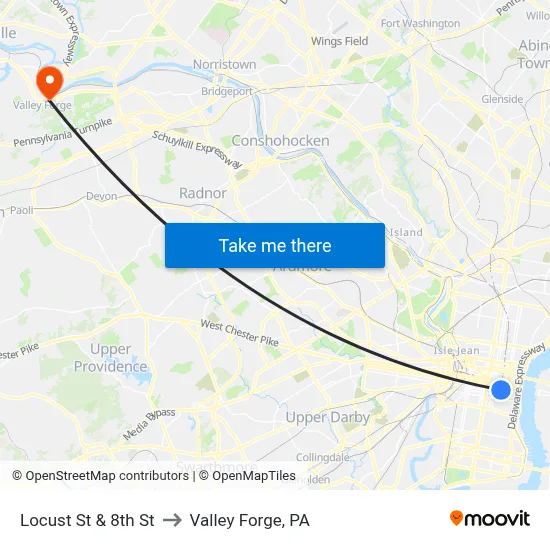 Locust St & 8th St to Valley Forge, PA map