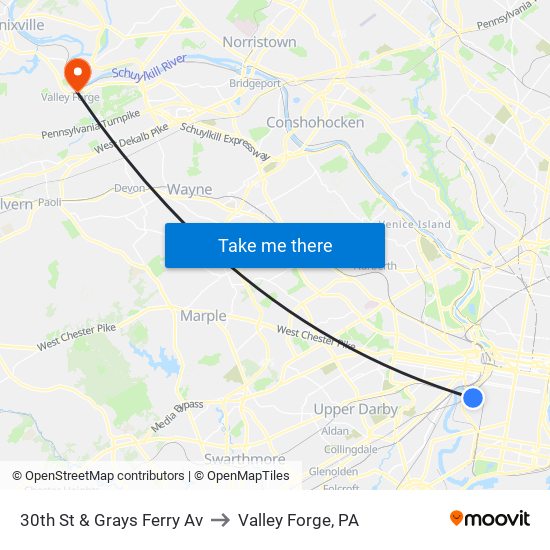 30th St & Grays Ferry Av to Valley Forge, PA map