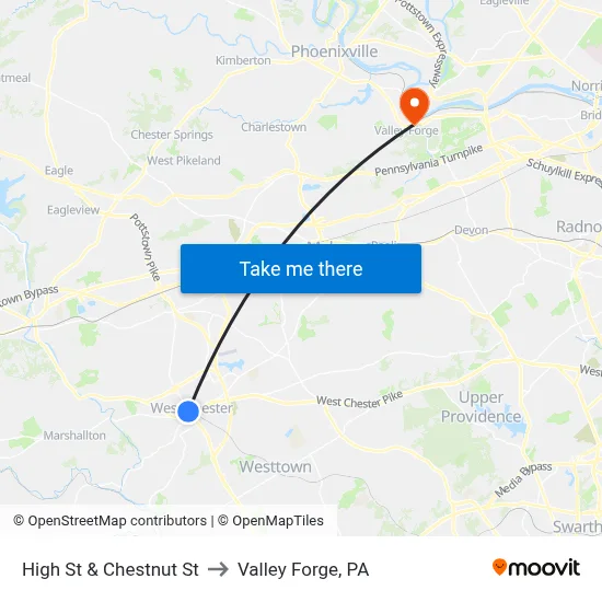 High St & Chestnut St to Valley Forge, PA map