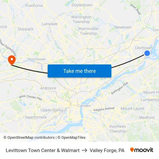 Levittown Town Center & Walmart to Valley Forge, PA map