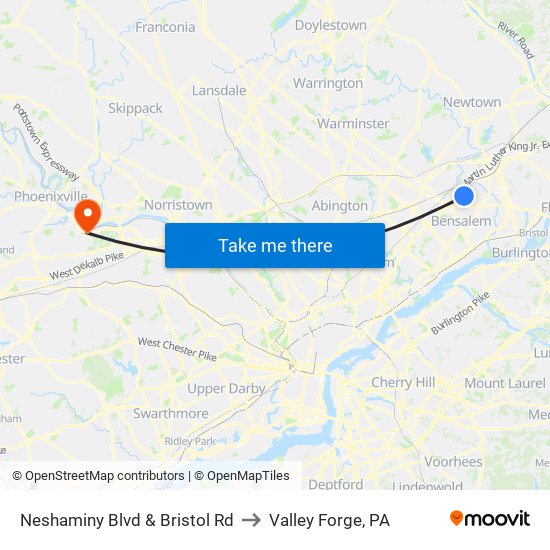 Neshaminy Blvd & Bristol Rd to Valley Forge, PA map