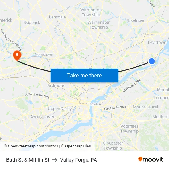 Bath St & Mifflin St to Valley Forge, PA map