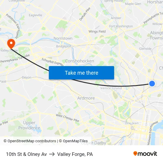 10th St & Olney Av to Valley Forge, PA map