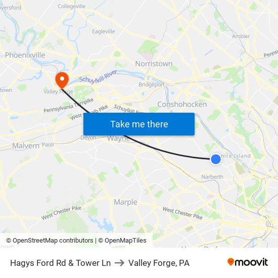 Hagys Ford Rd & Tower Ln to Valley Forge, PA map