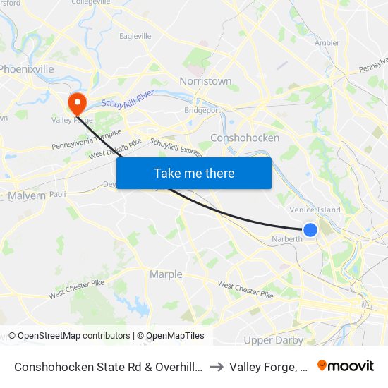 Conshohocken State Rd & Overhill Rd to Valley Forge, PA map