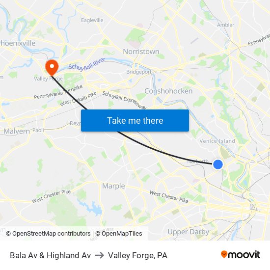 Bala Av & Highland Av to Valley Forge, PA map