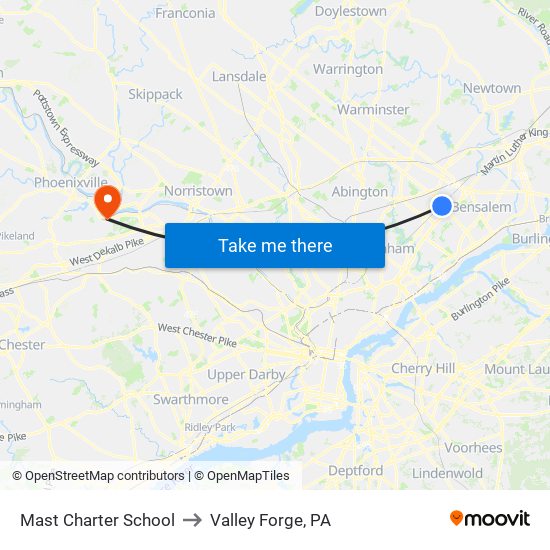 Mast Charter School to Valley Forge, PA map