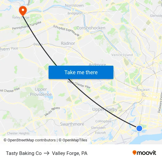 Tasty Baking Co to Valley Forge, PA map