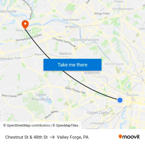 Chestnut St & 48th St to Valley Forge, PA map