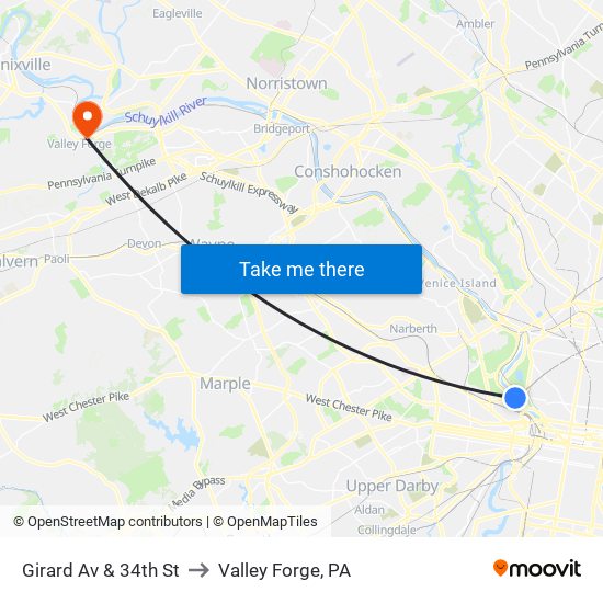 Girard Av & 34th St to Valley Forge, PA map