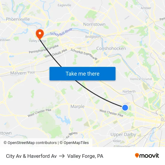 City Av & Haverford Av to Valley Forge, PA map
