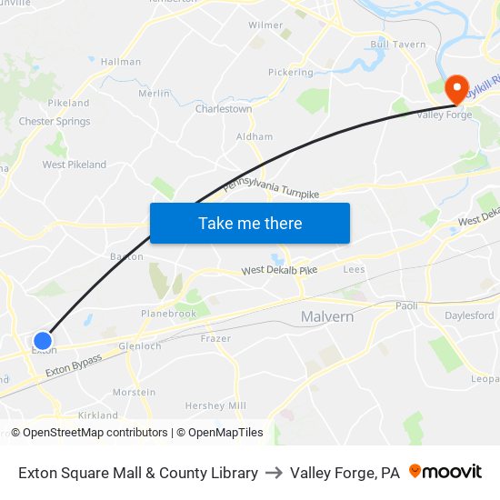 Exton Square Mall & County Library to Valley Forge, PA map