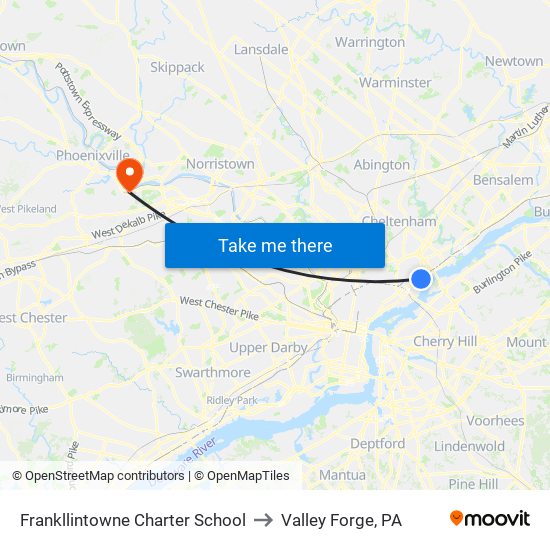 Frankllintowne Charter School to Valley Forge, PA map