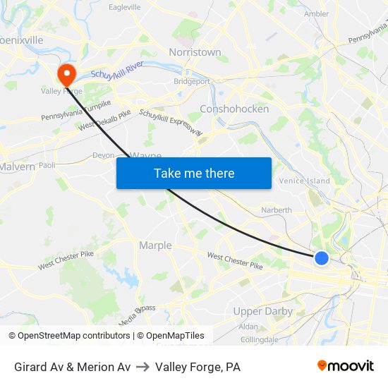Girard Av & Merion Av to Valley Forge, PA map