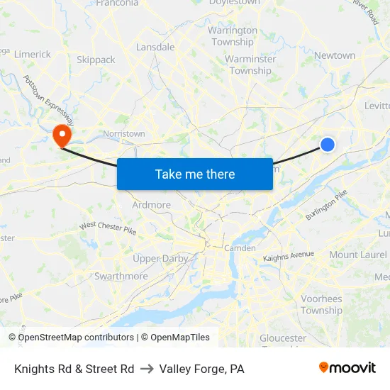 Knights Rd & Street Rd to Valley Forge, PA map