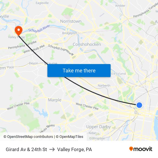 Girard Av & 24th St to Valley Forge, PA map