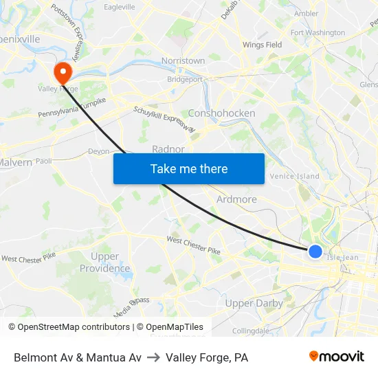 Belmont Av & Mantua Av to Valley Forge, PA map
