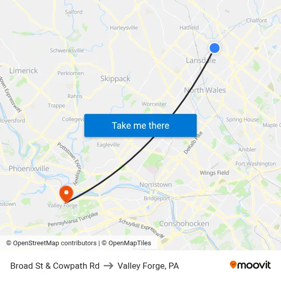 Broad St & Cowpath Rd to Valley Forge, PA map