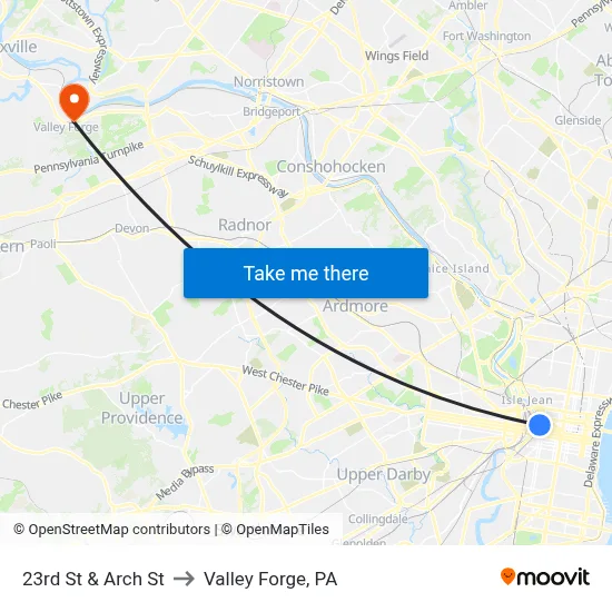 23rd St & Arch St to Valley Forge, PA map