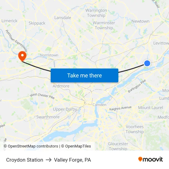 Croydon Station to Valley Forge, PA map