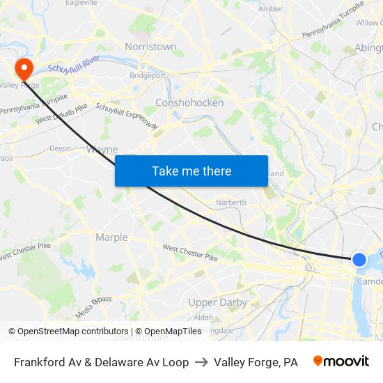 Frankford Av & Delaware Av Loop to Valley Forge, PA map