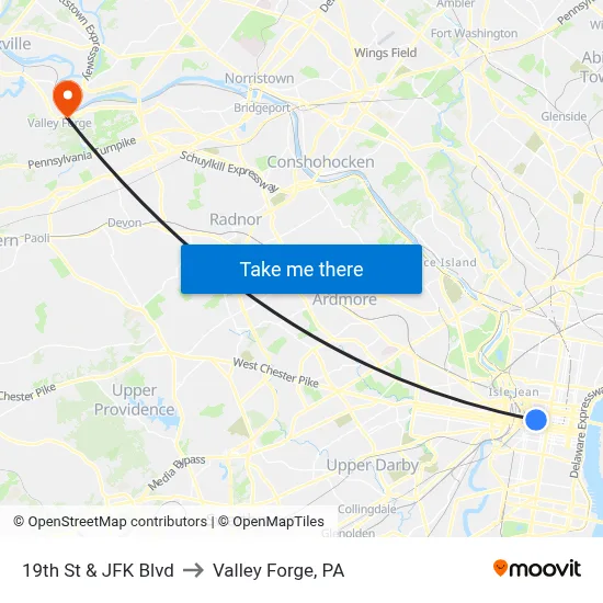 19th St & JFK Blvd to Valley Forge, PA map