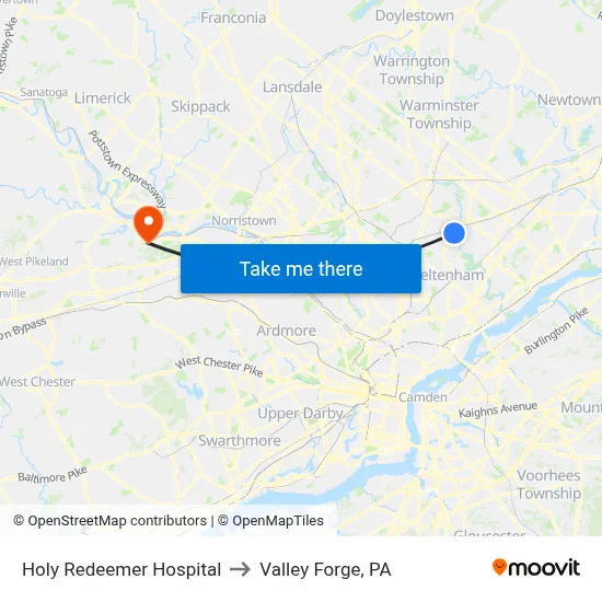 Holy Redeemer Hospital to Valley Forge, PA map