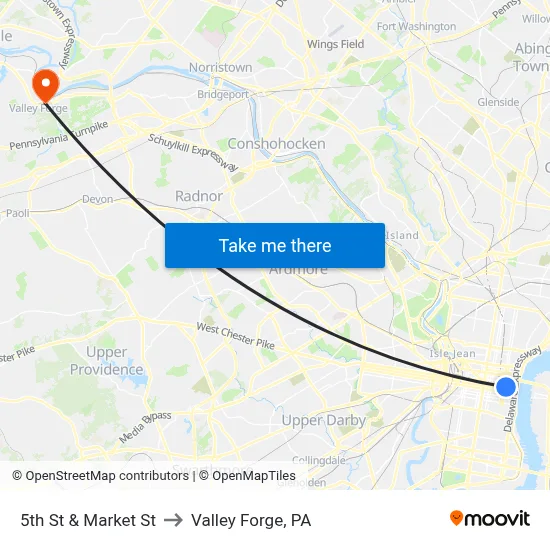 5th St & Market St to Valley Forge, PA map