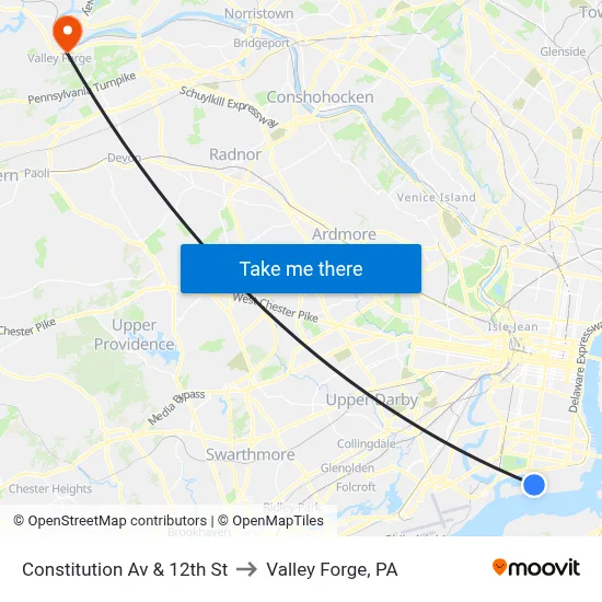 Constitution Av & 12th St to Valley Forge, PA map