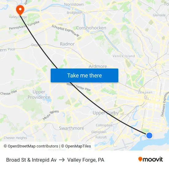 Broad St & Intrepid Av to Valley Forge, PA map