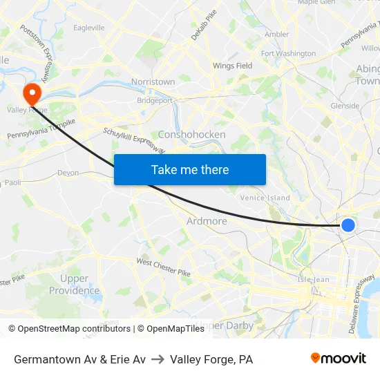 Germantown Av & Erie Av to Valley Forge, PA map