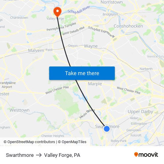 Swarthmore to Valley Forge, PA map