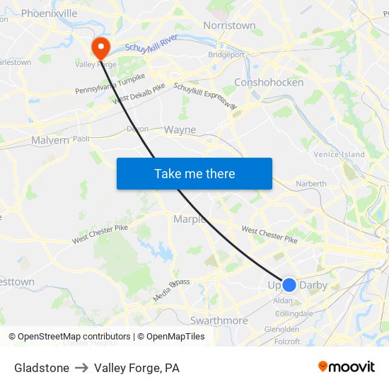 Gladstone to Valley Forge, PA map