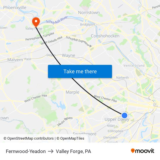 Fernwood-Yeadon to Valley Forge, PA map