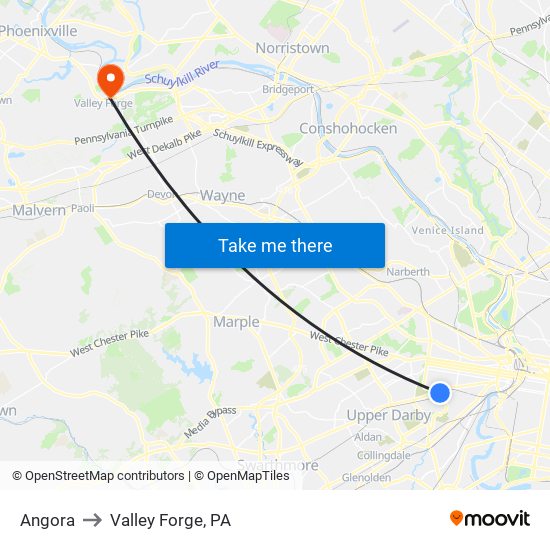 Angora to Valley Forge, PA map