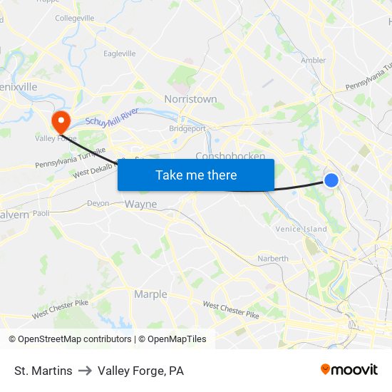 St. Martins to Valley Forge, PA map