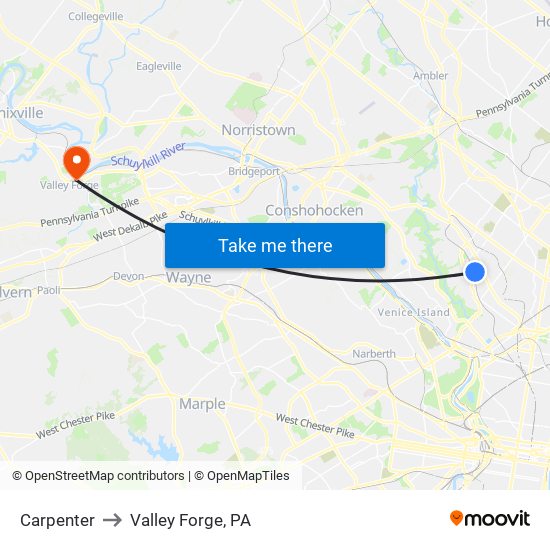 Carpenter to Valley Forge, PA map