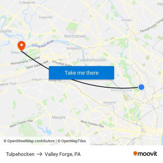 Tulpehocken to Valley Forge, PA map