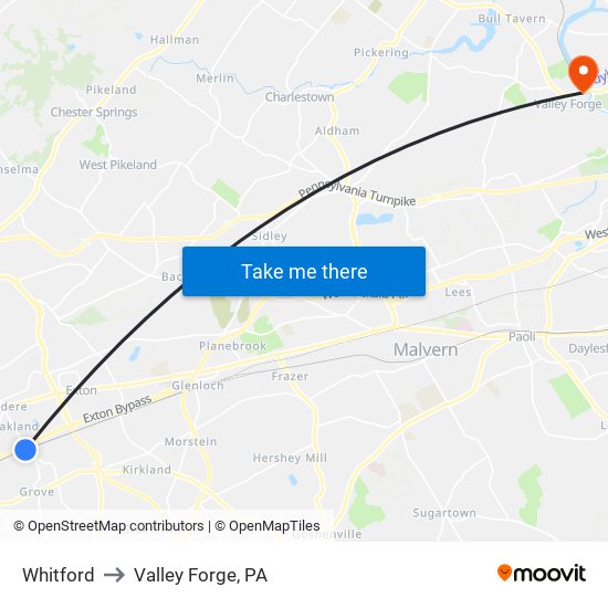 Whitford to Valley Forge, PA map