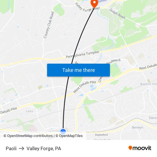 Paoli to Valley Forge, PA map
