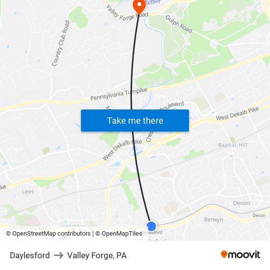 Daylesford to Valley Forge, PA map