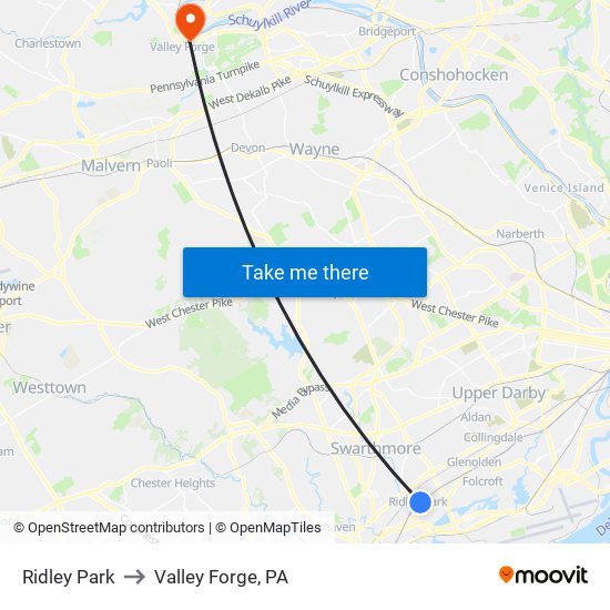 Ridley Park to Valley Forge, PA map