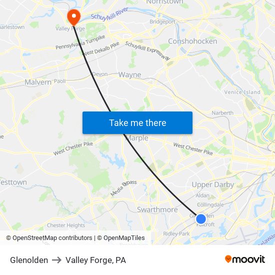 Glenolden to Valley Forge, PA map