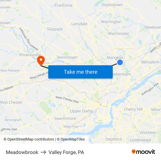 Meadowbrook to Valley Forge, PA map